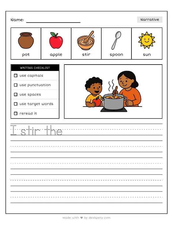 Helping family make sweet applesauce in a giant metal pot — real worksheet preview with word bank and writing lines