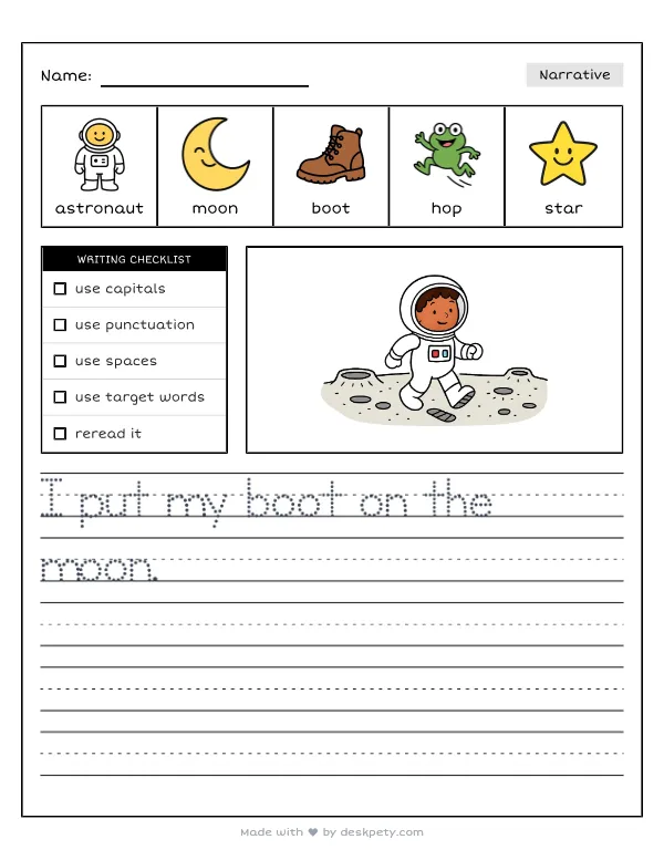 Leaving footprints on the bumpy, cratered surface of the moon — real worksheet preview with word bank and writing lines