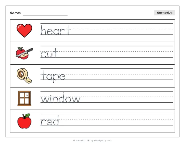 Free printable Kindergarten write and draw worksheet - A row of handmade paper hearts taped to a classroom window tracing sentence and coloring page (page 1 of 4)