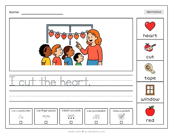 A row of handmade paper hearts taped to a classroom window — real worksheet preview with word bank and writing lines