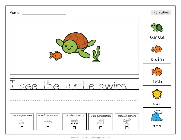 Free printable Kindergarten write and draw worksheet - The friendly sea turtle swims slowly to the tracing sentence and coloring page