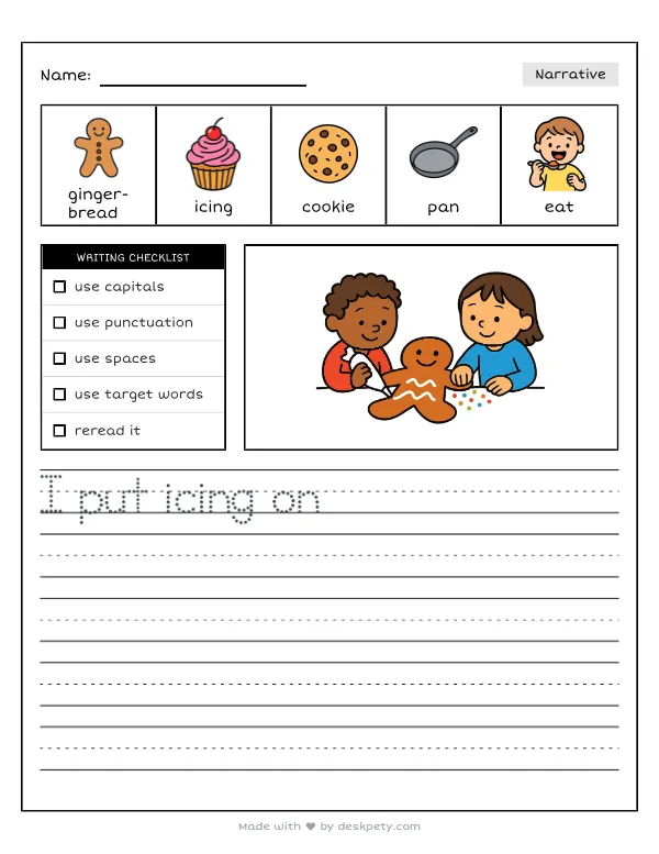 Baking and decorating sweet gingerbread men with icing — real worksheet preview with word bank and writing lines