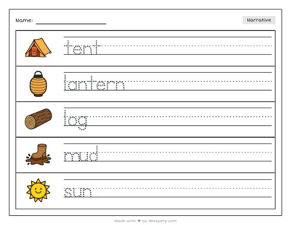 A tent glowing with a lantern inside at dusk — real worksheet preview with word bank and writing lines