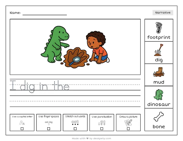 Free printable Kindergarten write and draw worksheet - Finding a giant dinosaur footprint in the mud tracing sentence and coloring page