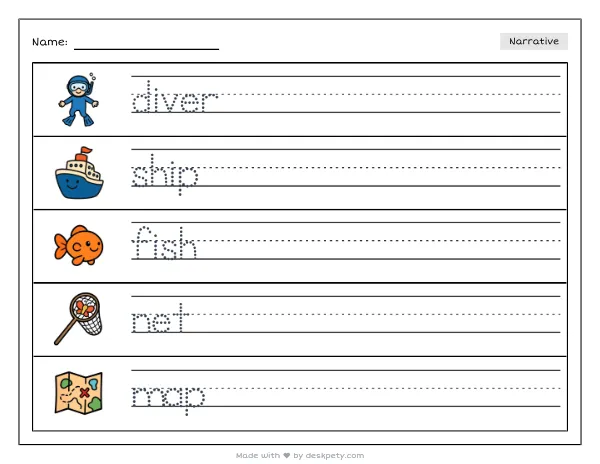 A child in a deep-sea diving helmet exploring a sunken pirate ship filled with glowing fish — real worksheet preview with word bank and writing lines