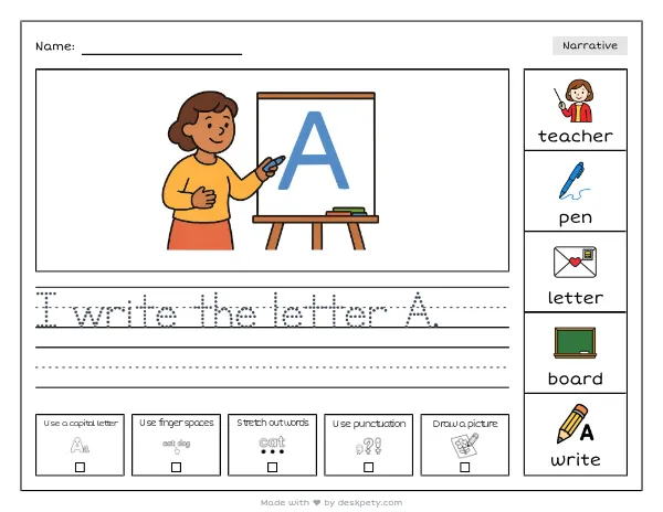A teacher writing the letter A on a whiteboard with a blue marker — real worksheet preview with word bank and writing lines