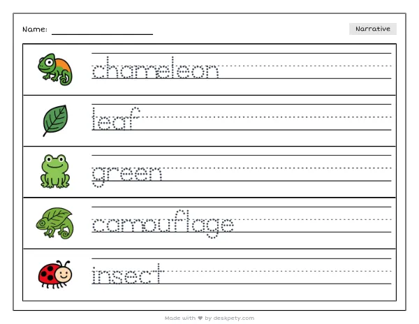 A chameleon blending into a green leaf — real worksheet preview with word bank and writing lines