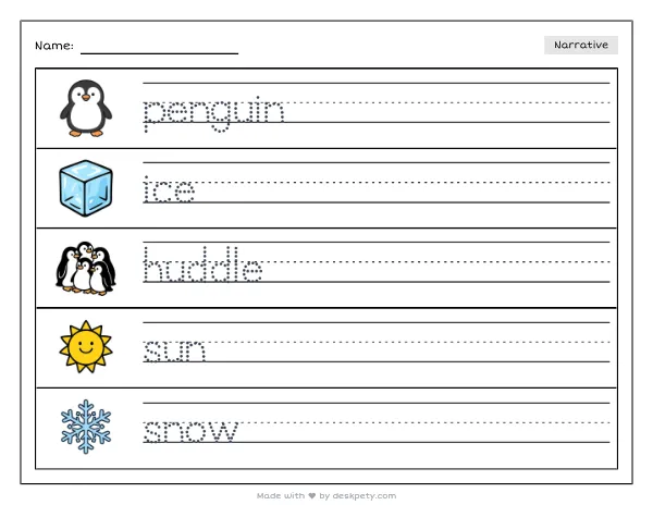 Penguins huddling on an icy shore — real worksheet preview with word bank and writing lines