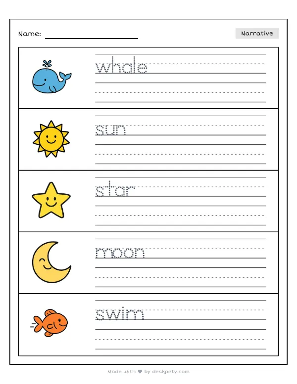 A space whale swimming through a cosmic cloud of purple gas — real worksheet preview with word bank and writing lines