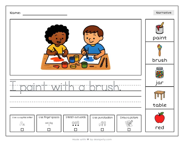 A messy art table with shared paint jars and brushes — real worksheet preview with word bank and writing lines