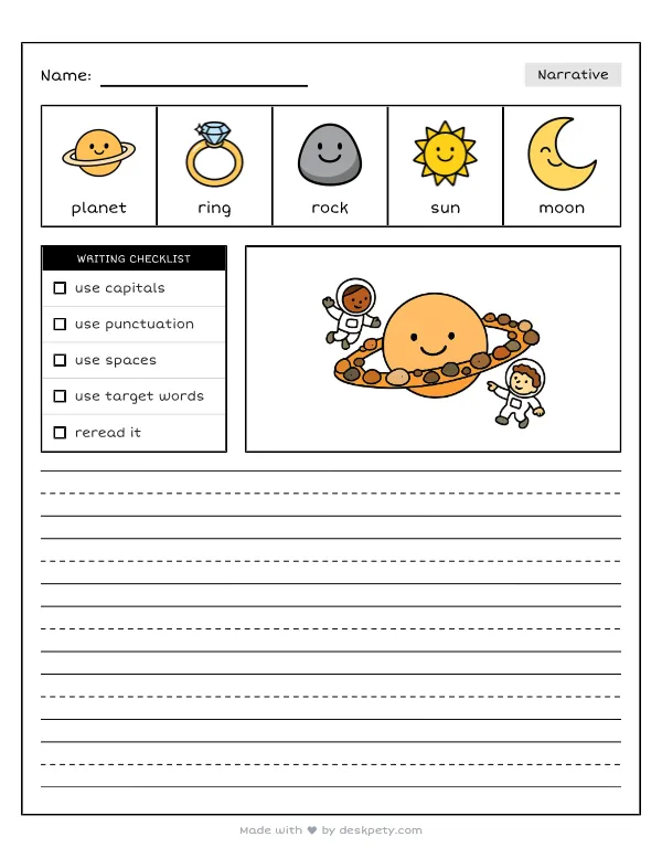 A ring of space debris circling a planet like a hula hoop — real worksheet preview with word bank and writing lines