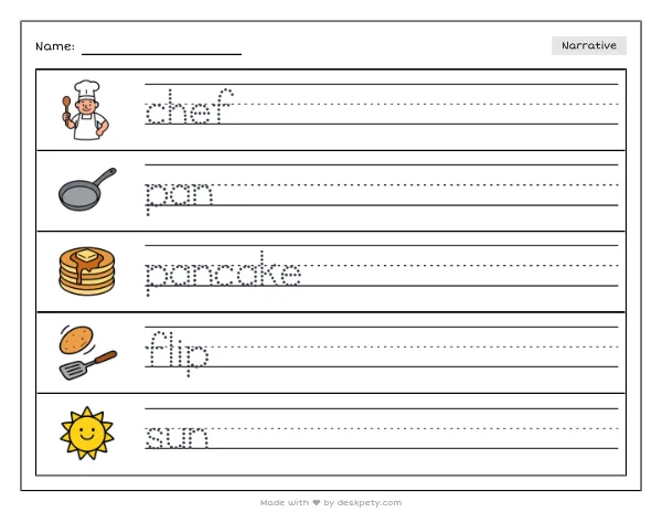 A young chef flipping a giant pancake in a sunny kitchen — real worksheet preview with word bank and writing lines