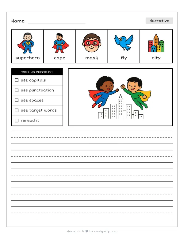 If I were a superhero with amazing, secret superpowers — real worksheet preview with word bank and writing lines