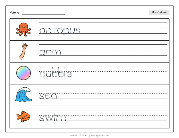 Free printable Kindergarten write and draw worksheet - The funny little octopus has eight tracing sentence and coloring page (page 1 of 4)