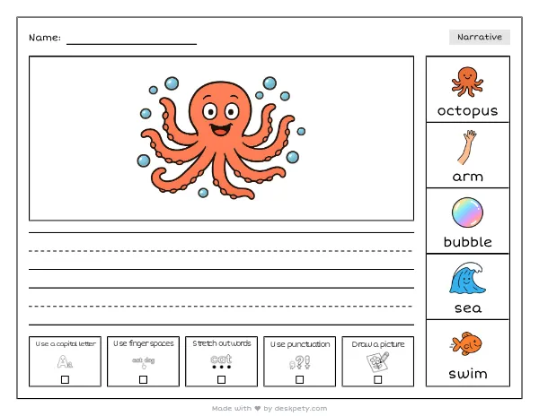 Free printable Kindergarten write and draw worksheet - The funny little octopus has eight tracing sentence and coloring page