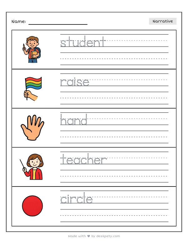 Raising a hand high to answer a question during circle time — real worksheet preview with word bank and writing lines