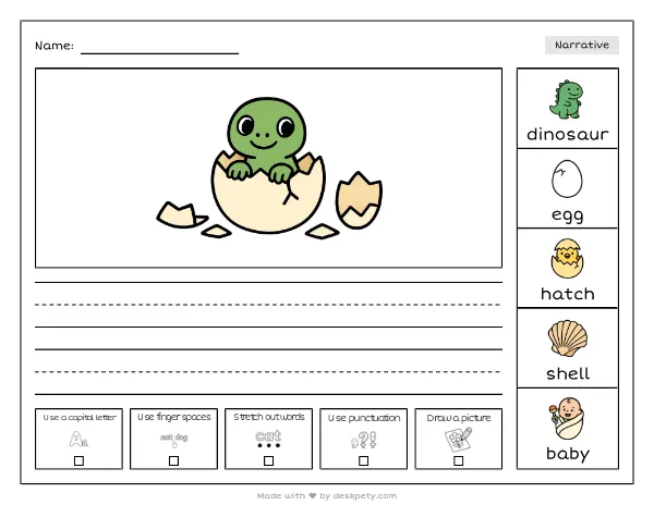 Free printable Kindergarten write and draw worksheet - A baby dinosaur hatches from a big tracing sentence and coloring page