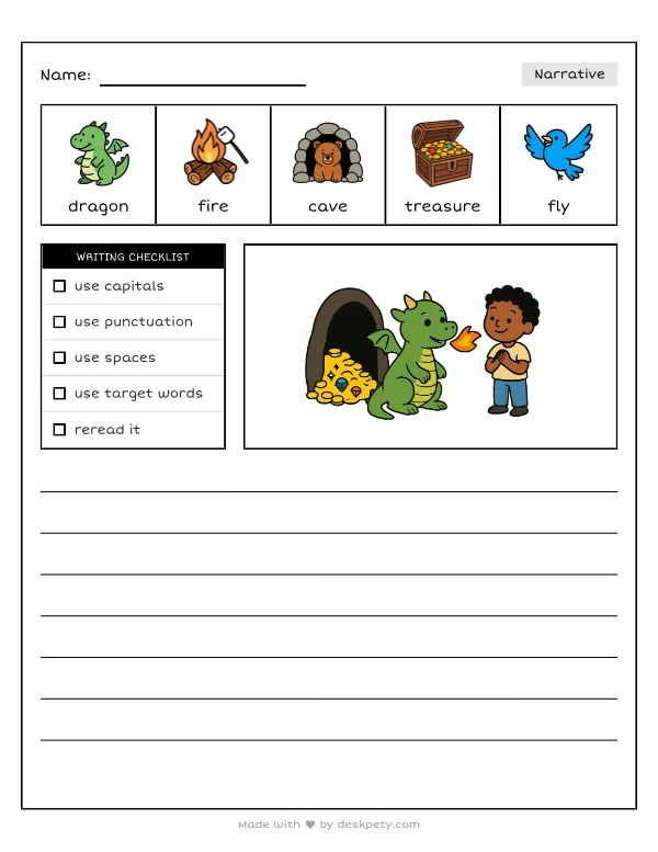 If I had a magical pet dragon that breathed fire — real worksheet preview with word bank and writing lines