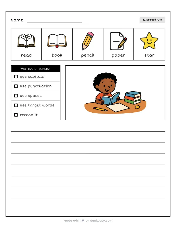 Free printable K-1 narrative writing prompt worksheet - 100 days smarter means I can with word bank and handwriting lines