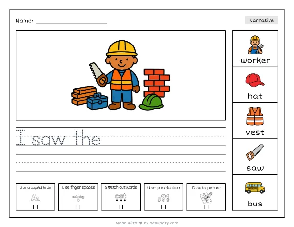 A construction worker wearing a yellow hard hat and orange vest — real worksheet preview with word bank and writing lines