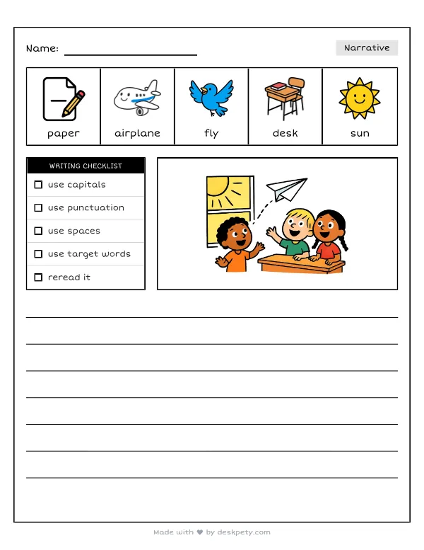 Watching a paper airplane soar across a sunlit classroom — real worksheet preview with word bank and writing lines