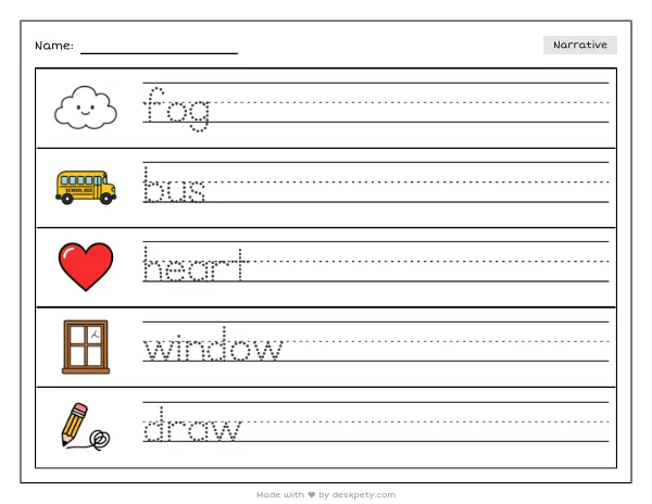 A child drawing a heart in the fog on a bus window — real worksheet preview with word bank and writing lines