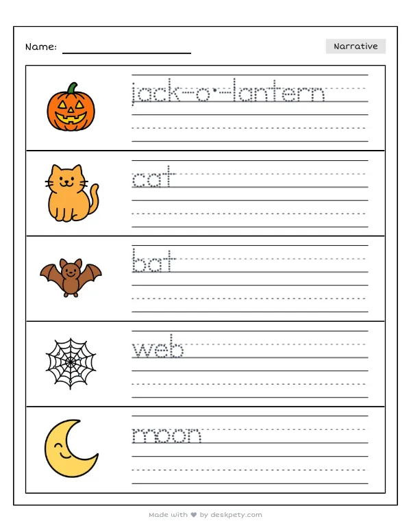 Preview of the a glowing jack-o'-lantern on a foggy porch step writing worksheet — word bank, tracing lines and checklist (page 1 of 5)