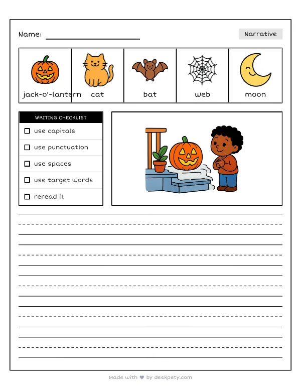 A glowing jack-o'-lantern on a foggy porch step — real worksheet preview with word bank and writing lines
