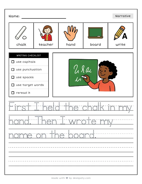 Writing morning greeting on a chalkboard with a piece of white chalk — real worksheet preview with word bank and writing lines