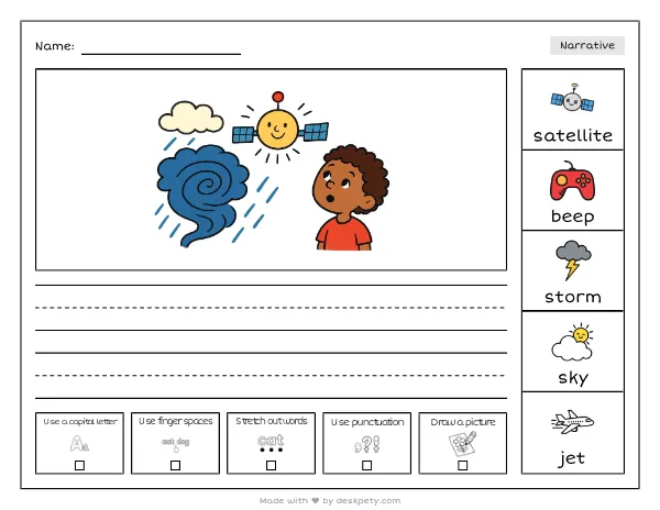 A satellite beeping signals above a swirling storm — real worksheet preview with word bank and writing lines