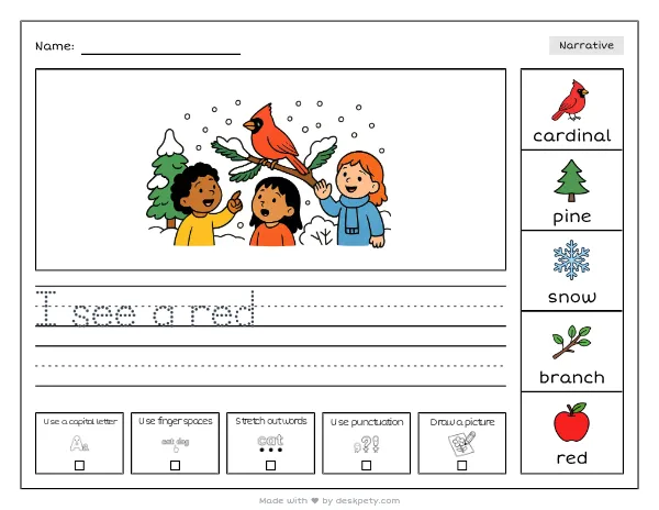 A cardinal perched on a snow-laden pine branch — real worksheet preview with word bank and writing lines