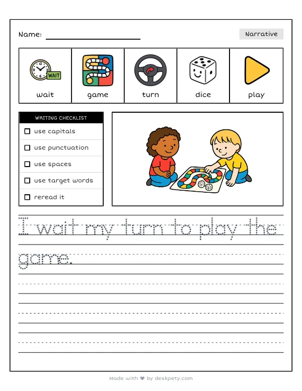 Waiting patiently and taking turns while playing a game — real worksheet preview with word bank and writing lines