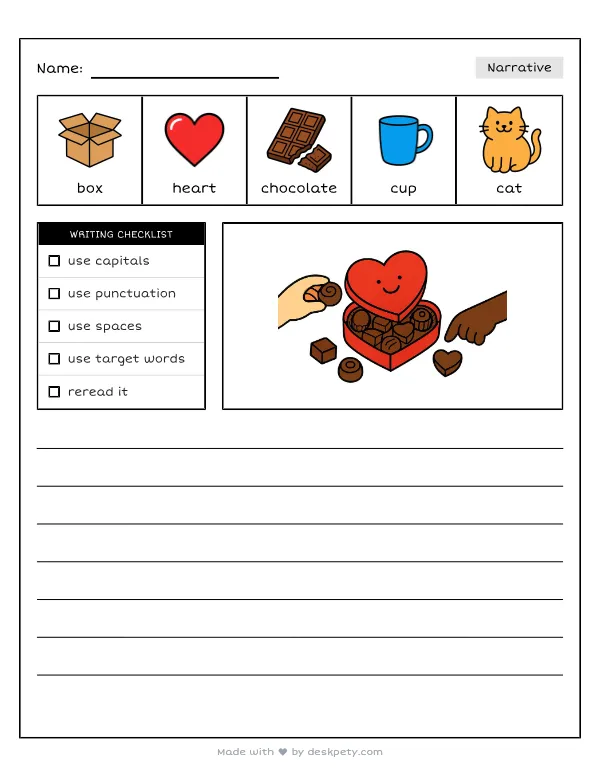 A fancy, heart-shaped box filled with sweet chocolates — real worksheet preview with word bank and writing lines