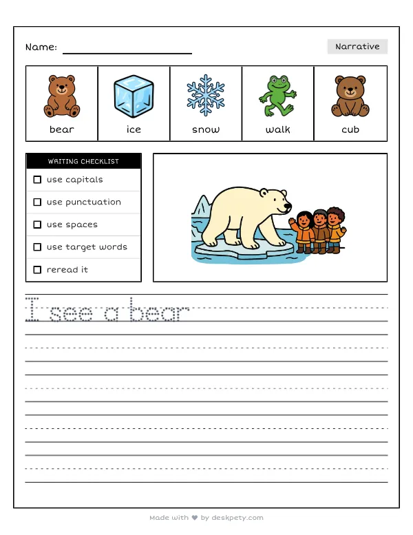 A massive polar bear walking across the freezing arctic sea ice — real worksheet preview with word bank and writing lines