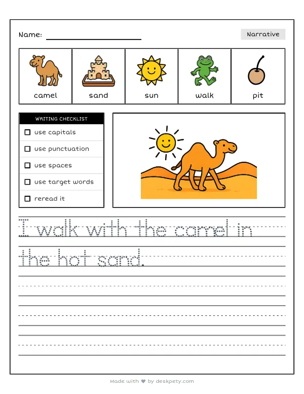 A camel trekking slowly through the hot, dry desert sand — real worksheet preview with word bank and writing lines