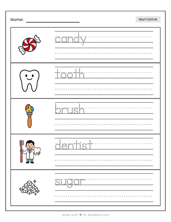Free printable K-1 narrative writing prompt worksheet - Sugary sticky candy can give my teeth with word bank and handwriting lines