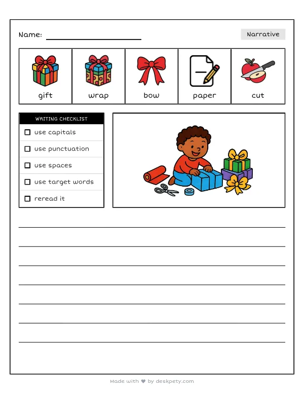 Wrapping holiday presents with shiny paper and big bows — real worksheet preview with word bank and writing lines
