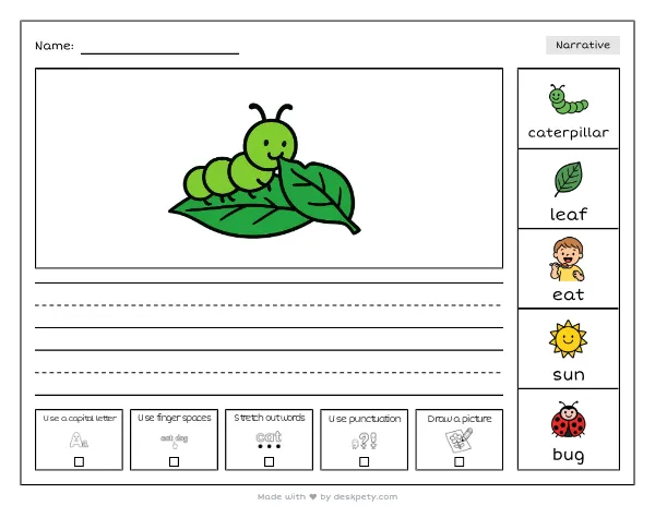A tiny caterpillar munching on a curled green leaf — real worksheet preview with word bank and writing lines