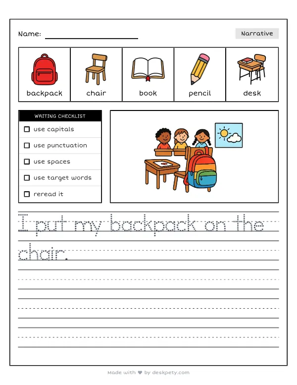A colorful backpack hanging on the back of a classroom chair — real worksheet preview with word bank and writing lines