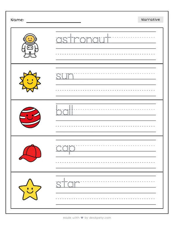 An astronaut juggling colorful, glowing orbs in zero gravity — real worksheet preview with word bank and writing lines