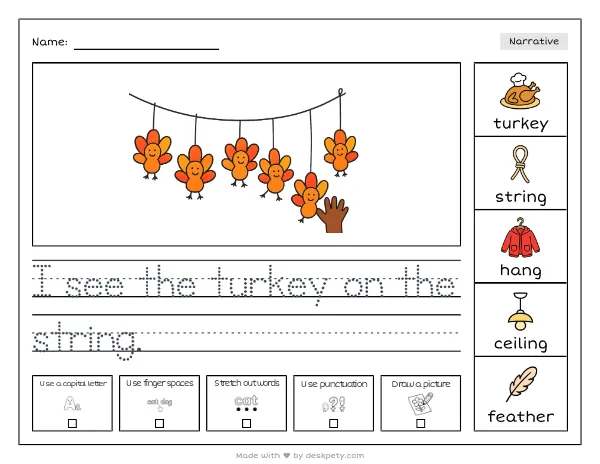 A row of colorful paper turkeys strung across a classroom ceiling — real worksheet preview with word bank and writing lines