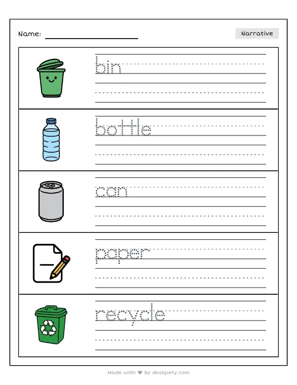 Free printable K-1 narrative writing prompt worksheet - In the blue recycling bin I put with word bank and handwriting lines (page 1 of 5)