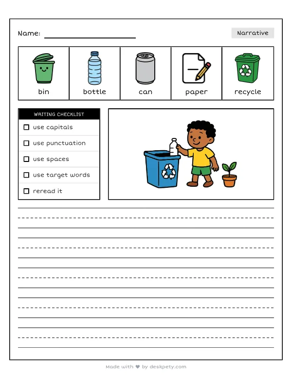 Free printable K-1 narrative writing prompt worksheet - In the blue recycling bin I put with word bank and handwriting lines