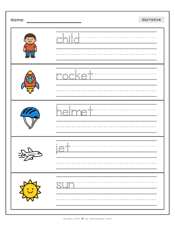 Preview of the a child wearing a homemade cardboard rocket helmet writing worksheet — word bank, tracing lines and checklist (page 1 of 5)
