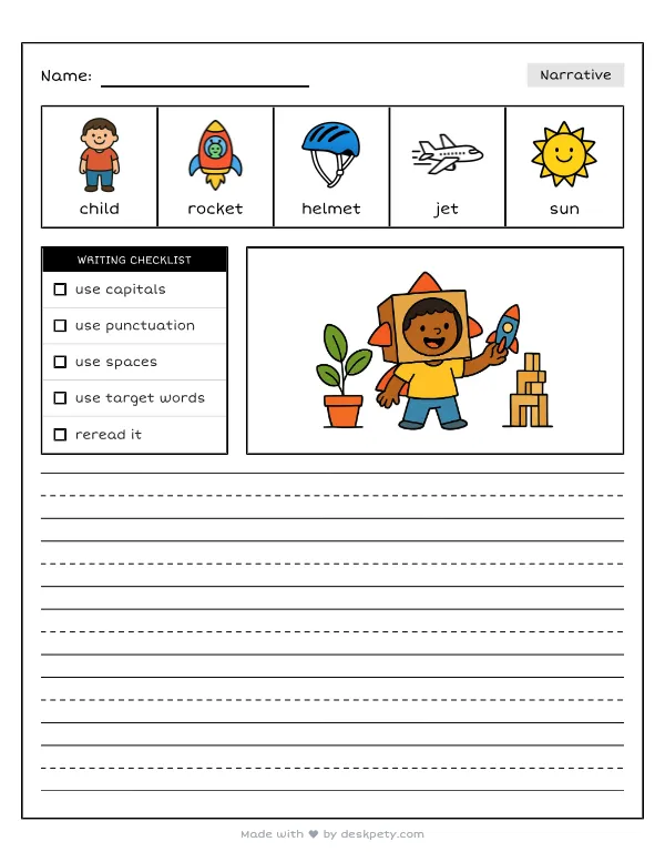 A child wearing a homemade cardboard rocket helmet — real worksheet preview with word bank and writing lines