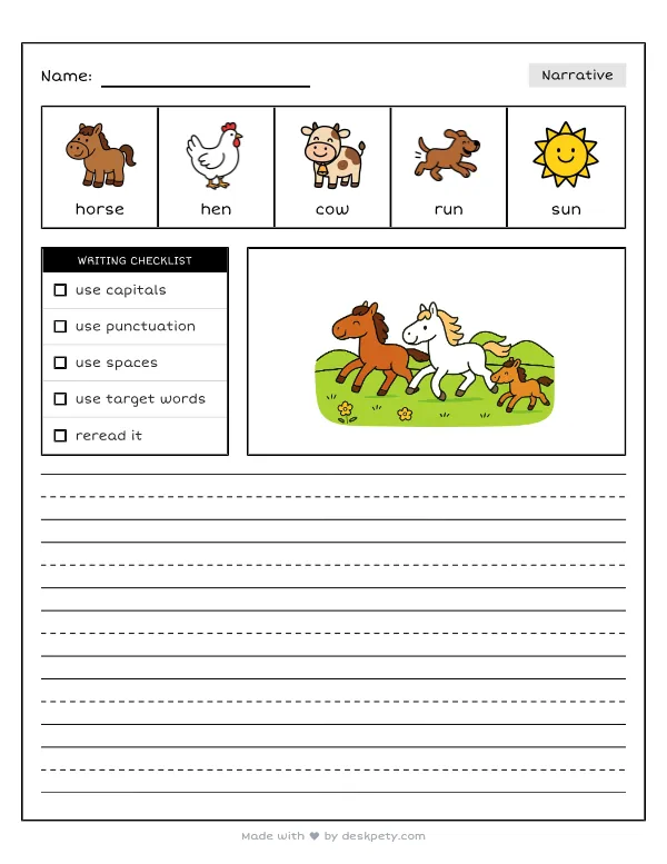 Free printable K-1 narrative writing prompt worksheet - Horses galloping across the open green pasture with word bank and handwriting lines