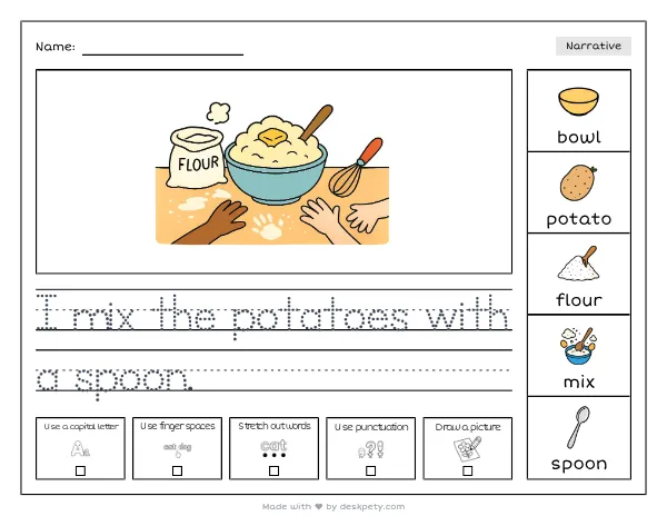 A kitchen counter dusted with flour and a bowl of mashed potatoes — real worksheet preview with word bank and writing lines