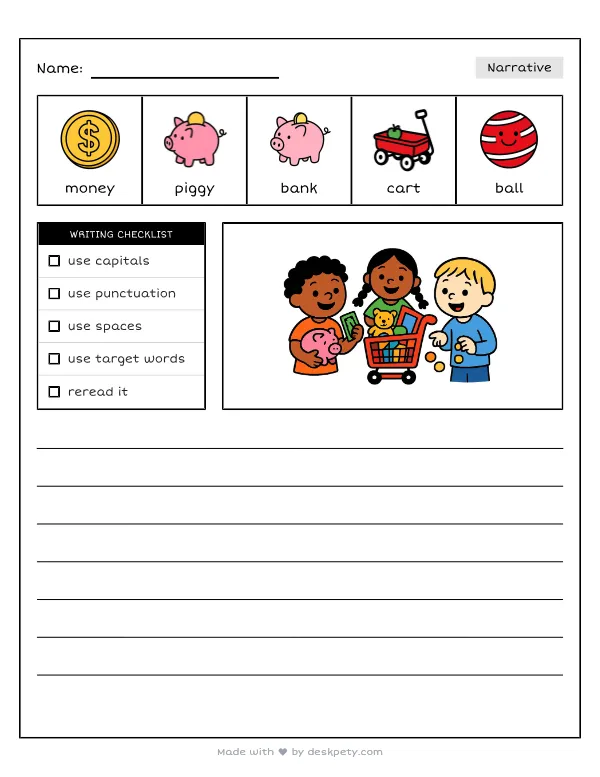 Free printable K-1 narrative writing prompt worksheet - If I had 100 dollars I would buy with word bank and handwriting lines