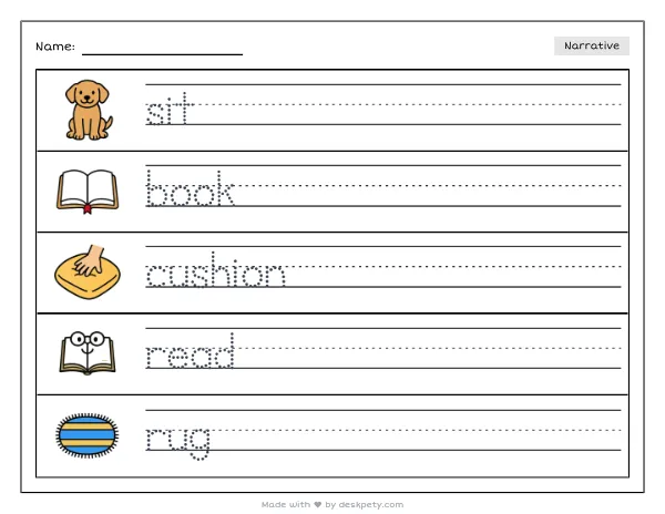 A cozy reading corner with a pile of mixed-up cushions — real worksheet preview with word bank and writing lines