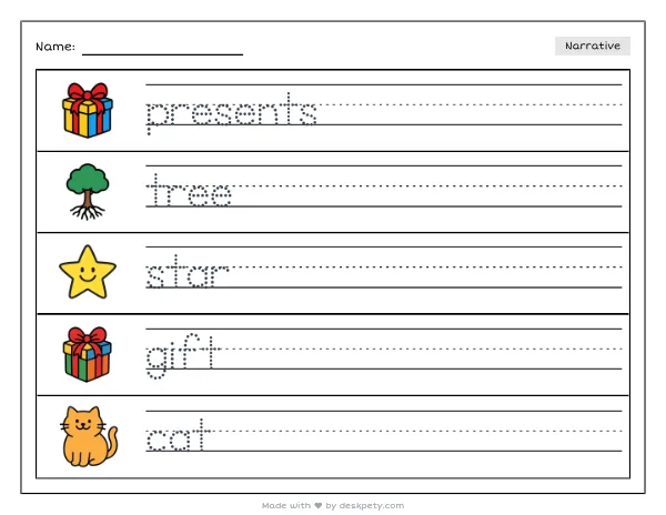 Wrapped presents stacked under a twinkling tree — real worksheet preview with word bank and writing lines
